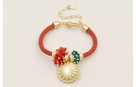 Pulsera cordón trenzado teja con burruños de coral