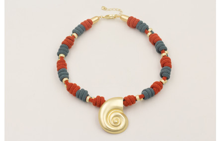 Collar cordón trenzado teja y azul piedra con nudo