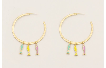 Pendientes aro labrado con peces de colores menta,