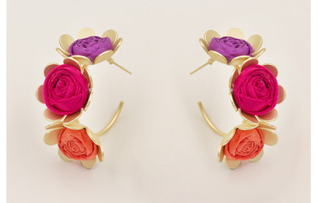 Pendientes aro 3 flores con flores de seda natural