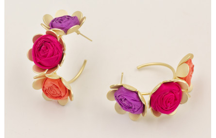 Pendientes aro 3 flores con flores de seda natural