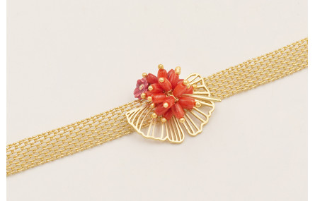 Pulsera cadena malla con burruño tubitos coral, fl