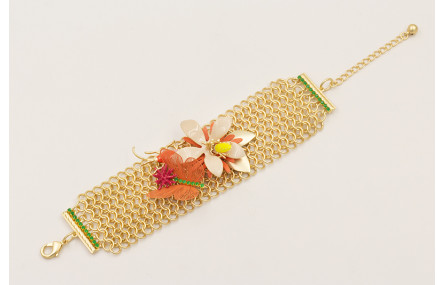 Pulsera malla con flor beige, mariposa naranja,est
