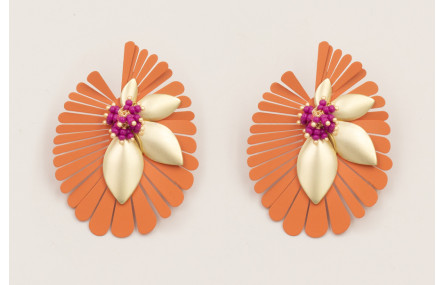 Pendientes flor pétalos esmaltado coral con ramill