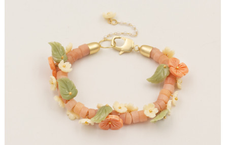 Pulsera discos piedra rosada con flores y hojas de