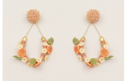 Pendientes discos piedra rosada con flores y hojas