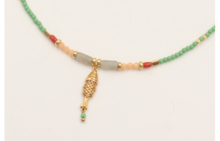 Collar ORO18K con bolas piedra verde opaco,colgant