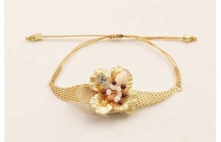 Pulsera rombo malla dorada mate con flor, burruño 