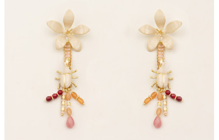 Pendientes flor esmaltada beige, cadena strass rec