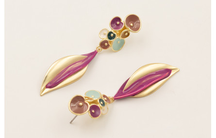 Pendientes perno flores esmaltadas marrón,turquesa