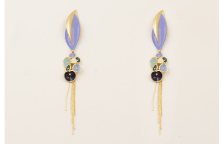 Pendientes hoja bicolor oro mate y azul con colgan