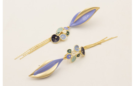 Pendientes hoja bicolor oro mate y azul con colgan