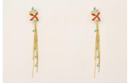 Pendientes perno doble flor esmaltada turquesa y t