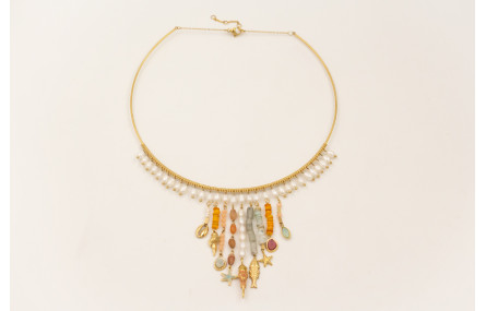 Collar rigído ACERO INOXIDABLE con perlas natural,