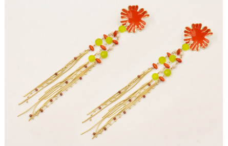 Pendientes flor esmaltada naranja con semipreciosa