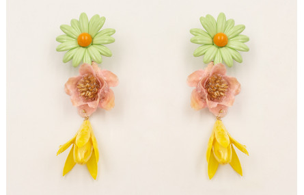 Pendientes flor grande esmaltada verde con campani