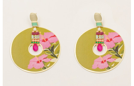 Pendientes cuadrado turquesa con disco flores lila