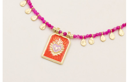 Collar facetadas piedra cuarzo fucsia con colgante