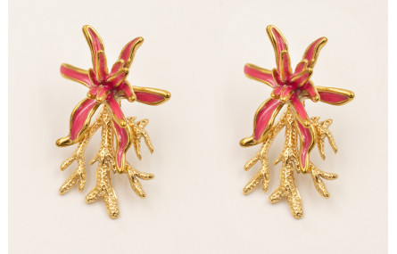 Pendientes flor irregular esmalte rosa y colgante 