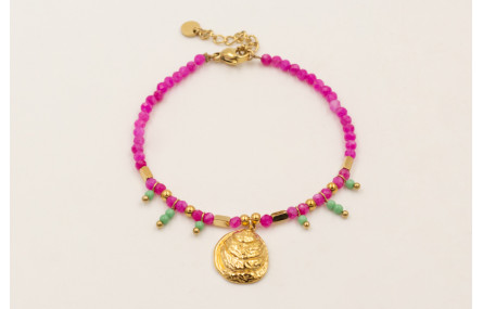 Pulsera facetadas cuarzo fucsia, bolitas piedra ve