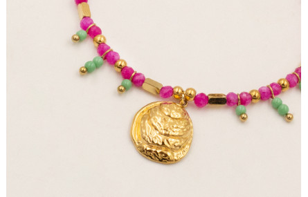 Pulsera facetadas cuarzo fucsia, bolitas piedra ve