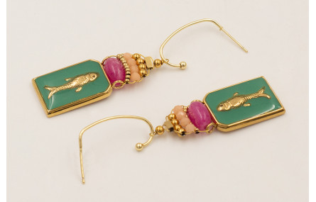 Pendientes colgante chapa pez esmalte verde, pepit
