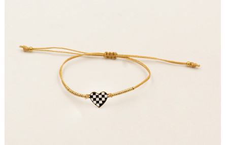 Pulsera corazón esmalte cuadros blancos y negros c