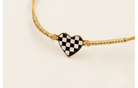 Pulsera corazón esmalte cuadros blancos y negros c