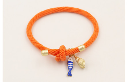 Pulsera cordón elastico naranja con pez esmaltado 