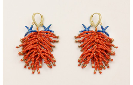 Pendientes floco abalorio naranja, estrellas esmal