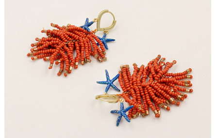 Pendientes floco abalorio naranja, estrellas esmal