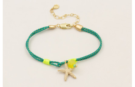 Pulsera cordón turquesa con hilo dorado, nudo fals