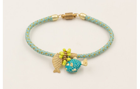 Pulsera cordón aqua con hilo dorado cierre de iman