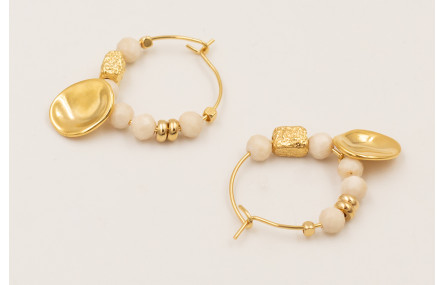 Pendientes ORO18K aro, facetadas piedra cuarzo cre