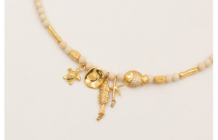 Collar ORO18K facetadas piedra cuarzo crema, pez, 