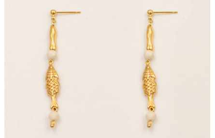 Pendientes ORO18K perno bolita con pez con palo co