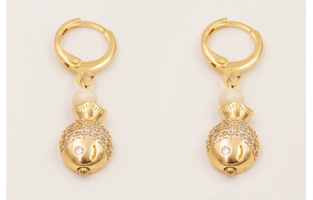 Pendientes ORO18K cierre con pez brillos cristal, 