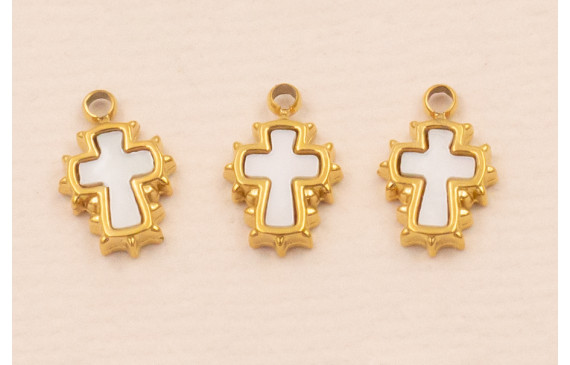 Colgante Cruz con Nacar Acero inox. 316L 7*5mm Oro