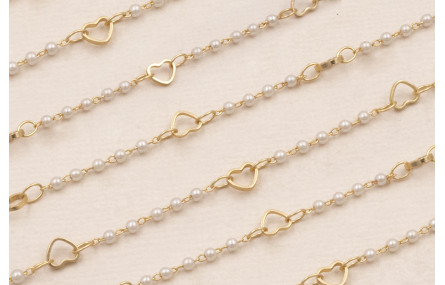 Cadena Perlas 1mm y corazon de 5*4mm Dorado Mate