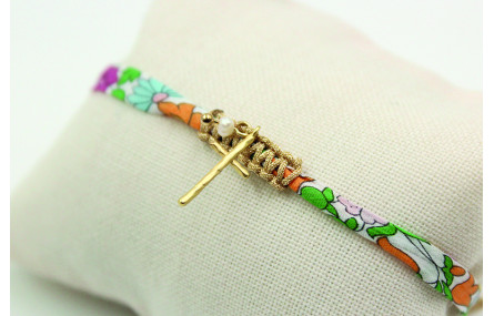Pulsera lazo liberty con flores naranjas, azules,