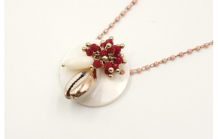 Gargantilla cadena de miyuki rosa con disco nacar,