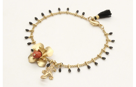 Pulsera cadena cerillas negras con flores oro mate