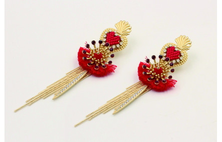 Pendientes perno sagrado corazón con fleco rojo,da