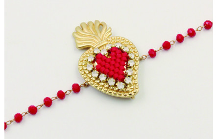 Pulsera cadena facetadas rojas con sagrado corazón