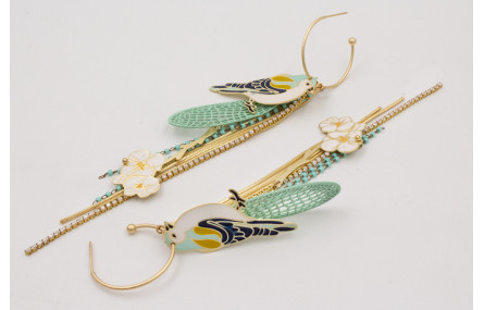 Pendientes aro bolita con pajaro esmaltado tonos a