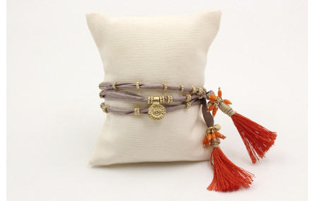 Pulsera de seda natural gris con rueda estriada, c