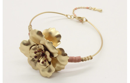 Pulsera rigida con lentejuela rosa y flor central 