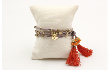 Pulsera de seda natural gris con rueda estriada, c