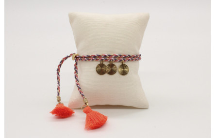 Pulsera trenza macrame morados, rosa con disco est