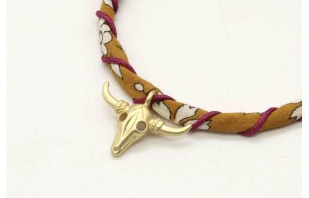 Pulsera rigida forrada con liberty mostaza e hilo